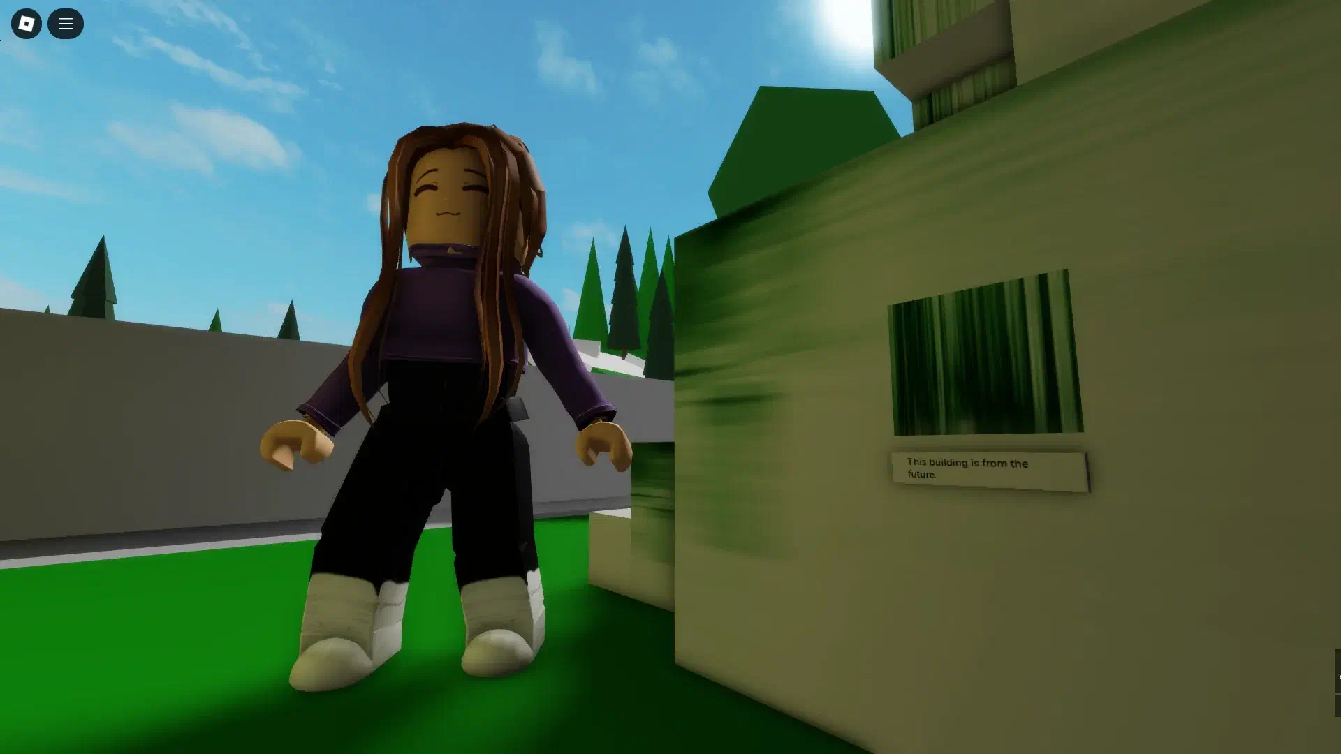 Brookhaven mausoleum plaque that reads "This building is from the future," with green-striped textures above it.