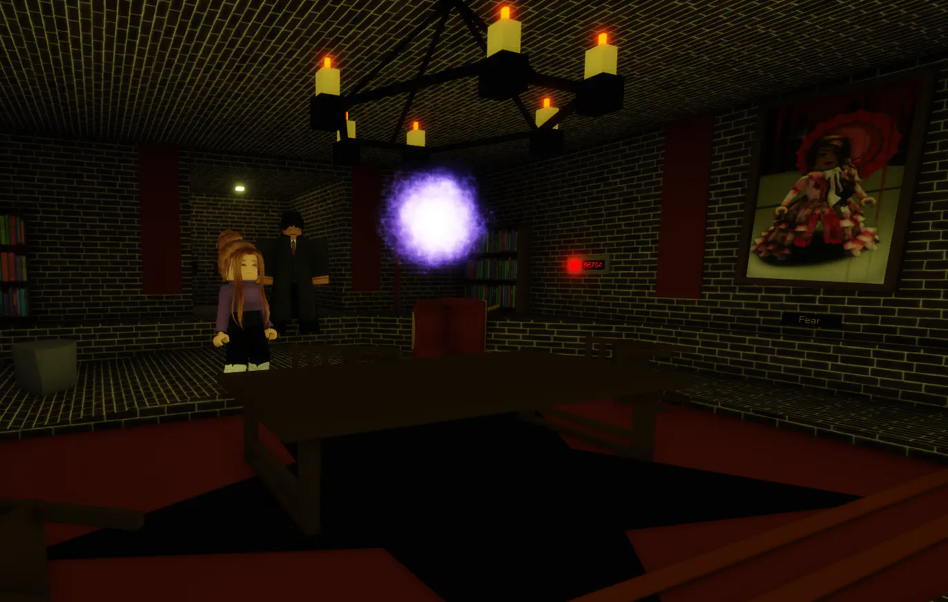 Purple orb floating above table in Fear and Greed's Room