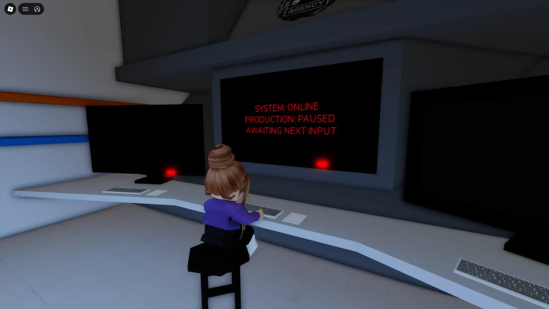Agency computer displaying System Online, Production Paused, and Awaiting Next Input