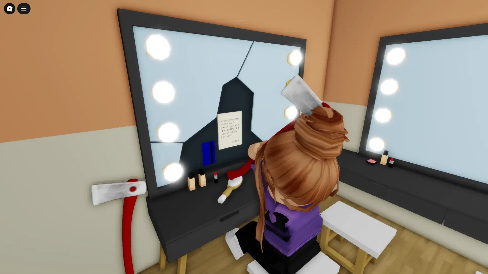 Broken mirror revealing blue key card and hidden note from Madison in Brookhaven