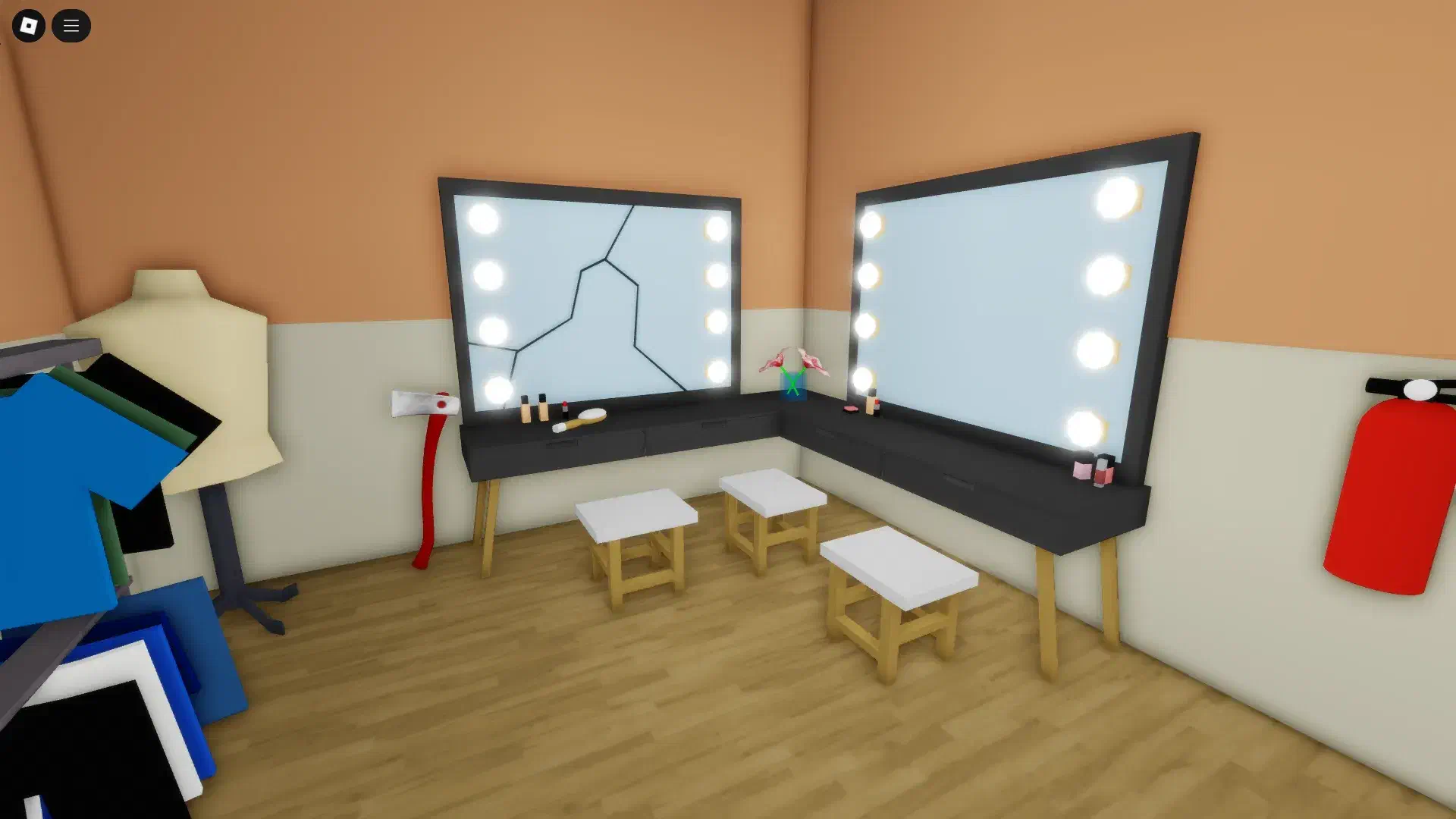 Cracked mirror in Brookhaven movie set dressing room after alien surge event