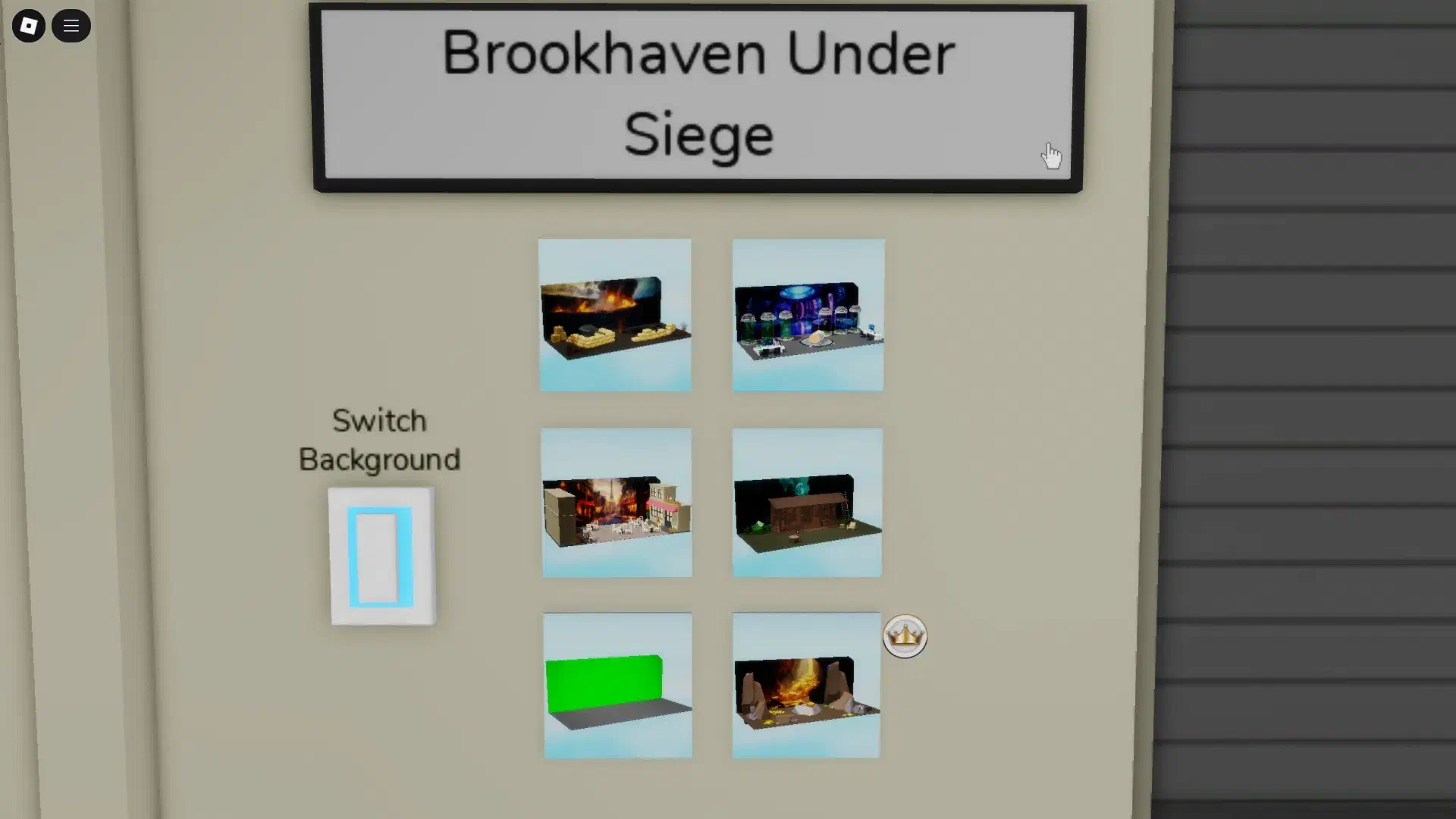Brookhaven movie studio backdrop selector with 6 pictures and a toggle switch