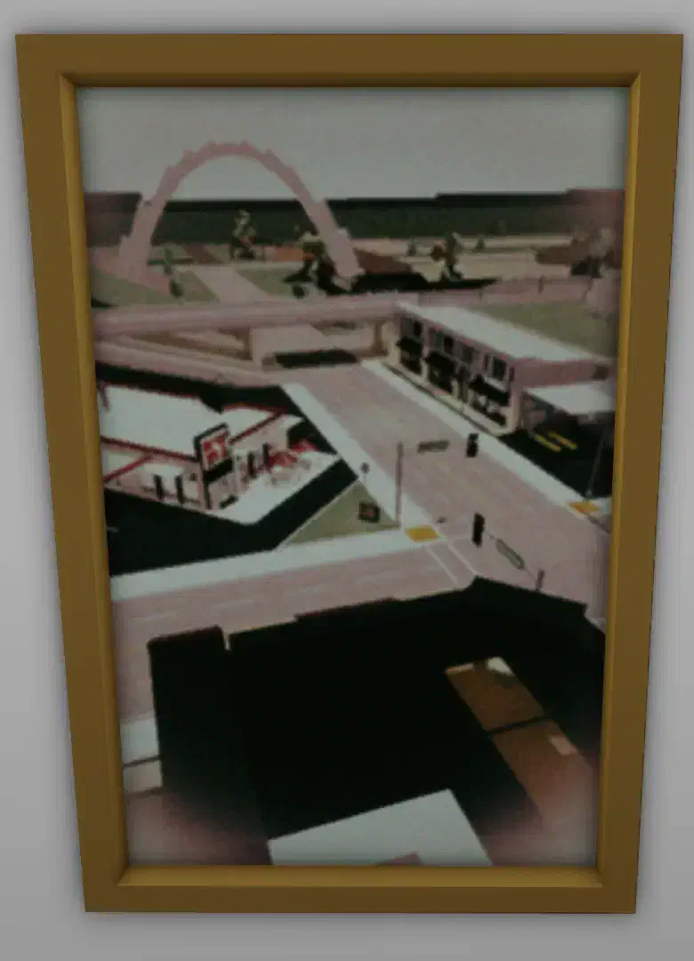 A painting of the West Arch, displayed in Brookhaven Museum, tied to hidden clues and secrets.