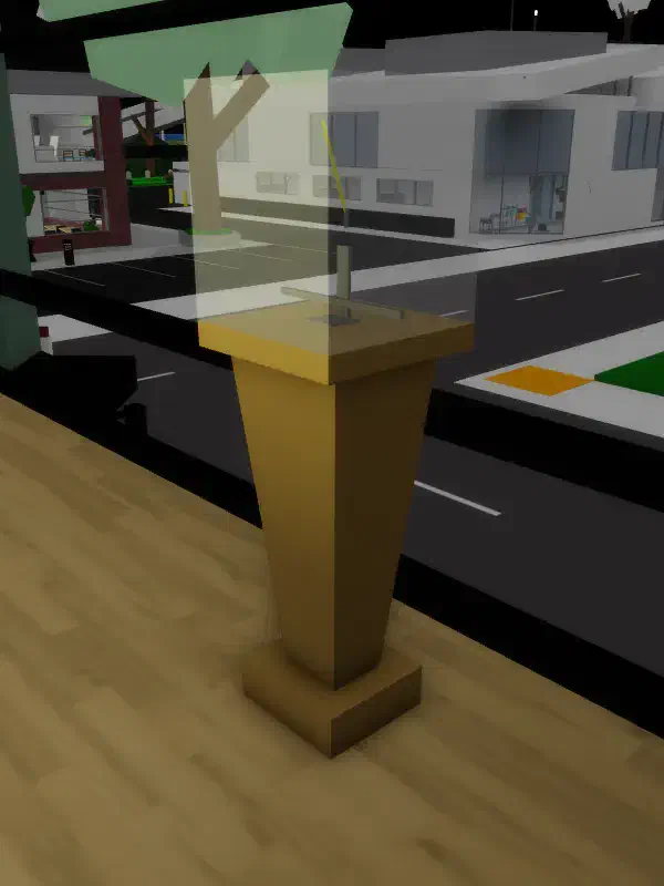 An empty book stand in a Brookhaven Museum display, connected to Agency secrets and ghostly sightings in town.