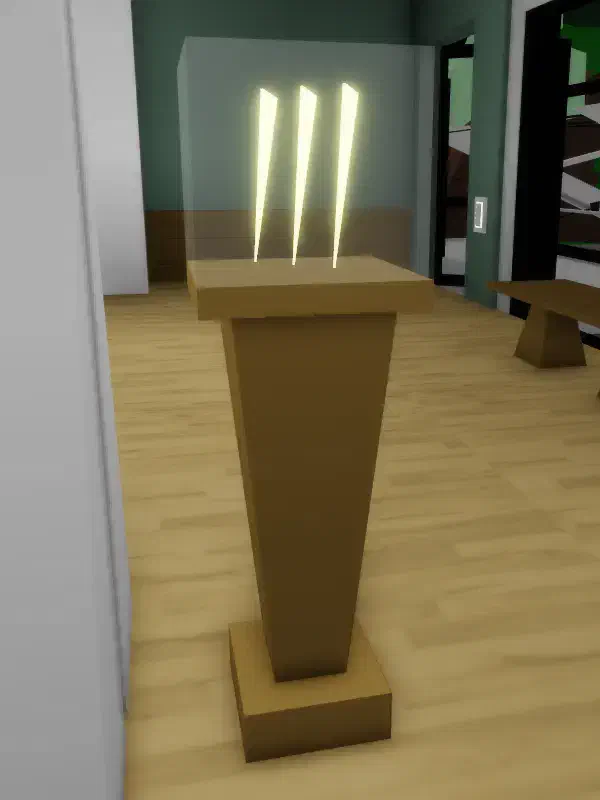 The Crystal display in Brookhaven Museum, featuring a glowing crystal inside a glass case, linked to hidden energy and secret quests.