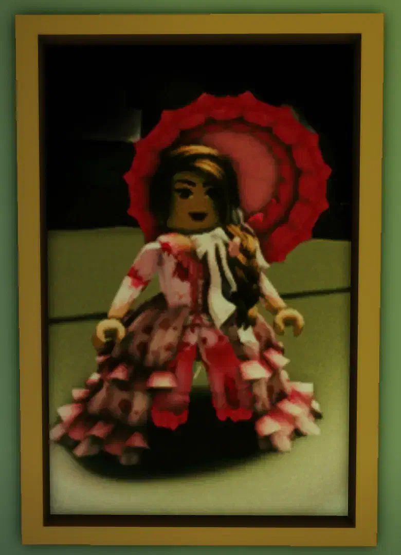 The Fear painting in Brookhaven Museum, depicting a girl in a pink, red, and white dress holding an umbrella, tied to hidden messages about fear and sleep.