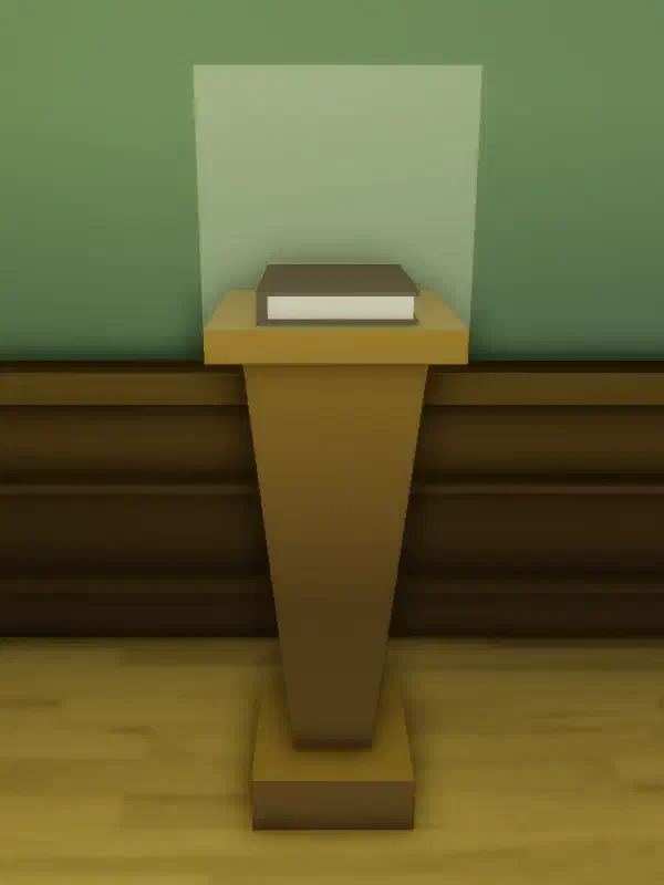 A brown book, aka The Good Book, inside a Brookhaven Museum display, revealing hidden messages about faith, truth, and deception in Brookhaven.