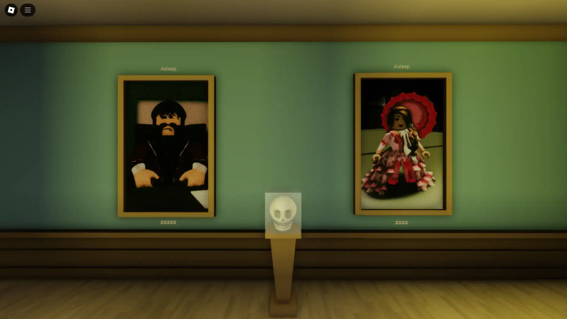 The Greed and Fear paintings inside Brookhaven Museum with the word 'Asleep' revealed above them after placing the Good Book on the display case.