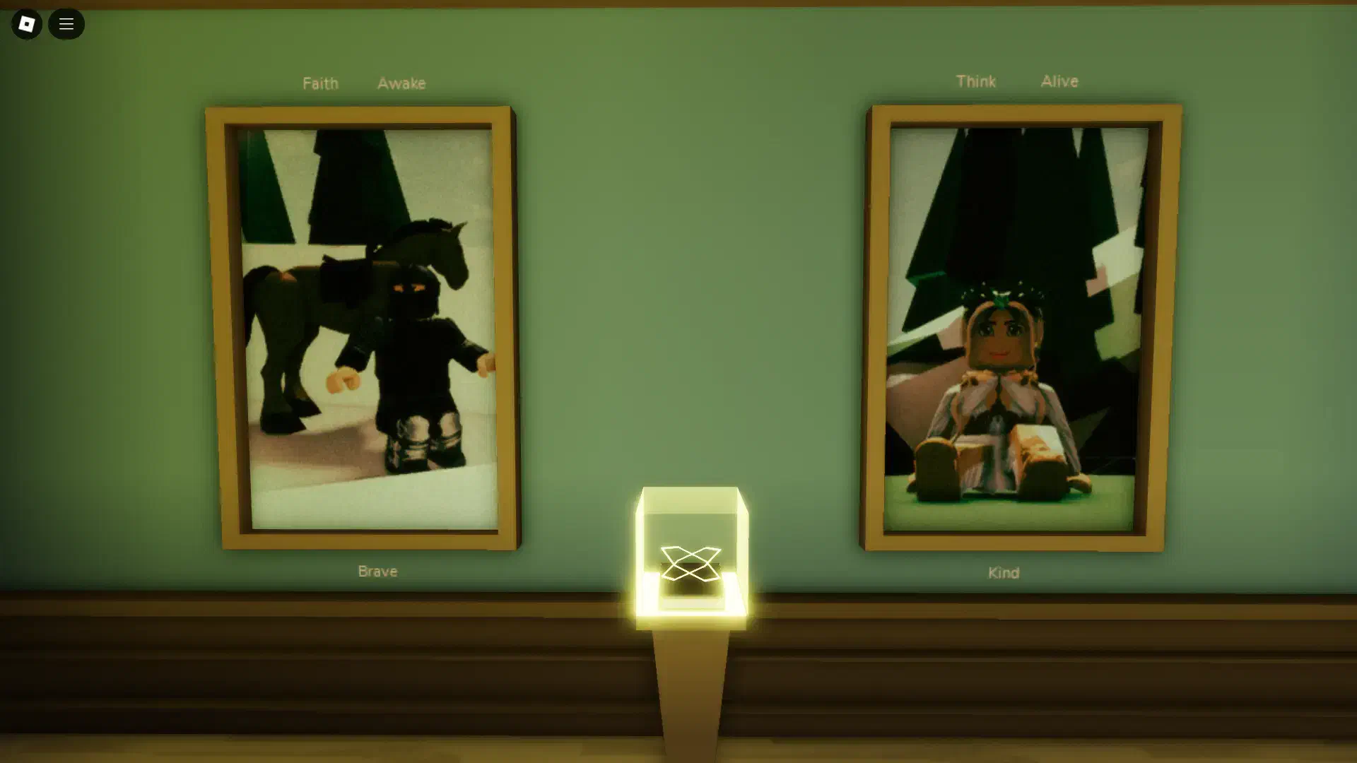 The Kind and Brave paintings inside Brookhaven Museum with the words 'Think Alive' and 'Faith Awake' revealed above them after placing the Good Book on the display case.