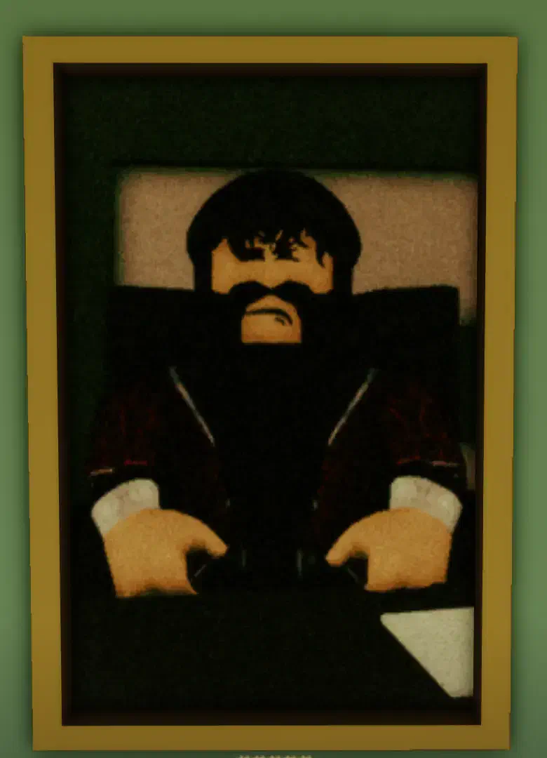 The Greed painting in Brookhaven Museum, showing a bearded man sitting in the judge’s chair from Town Hall, tied to the Agency’s origins and power.