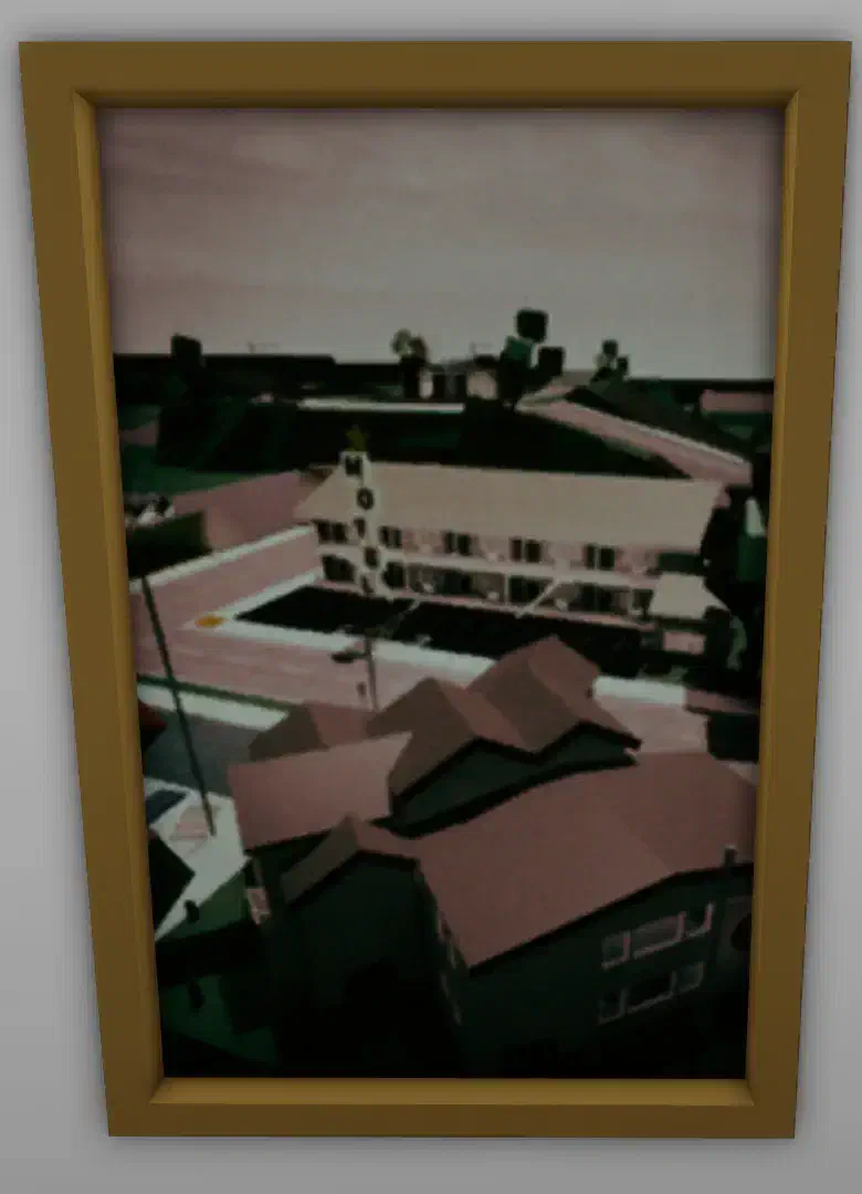 The Original Brookhaven Motel painting in Brookhaven Museum, showing an aerial view of the early two-story motel and its historical significance.