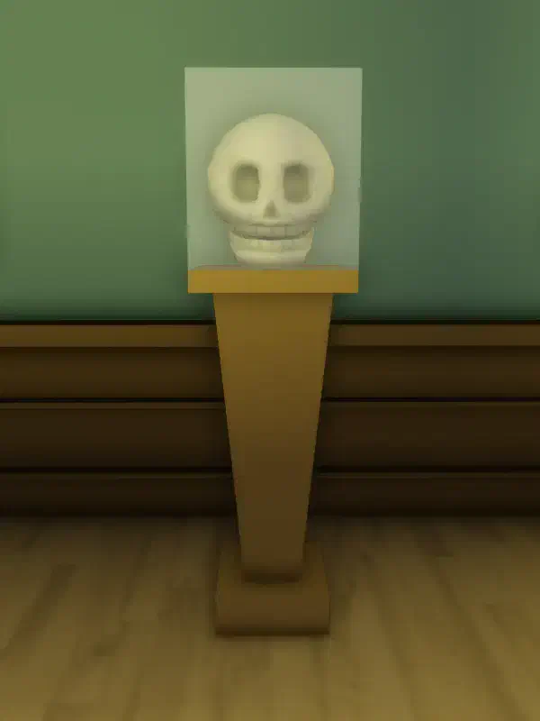 The Skull display in the Brookhaven Museum, showing a skull inside a glass display case.