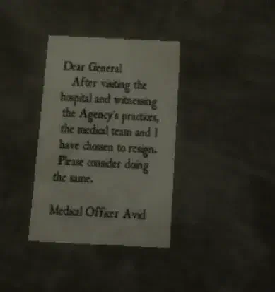 Note from Medical Officer Avid letting the general know he has resigned