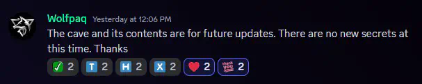 Wolfpaq messages in discord that no new secrets have been added to this update.