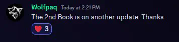 Wolfpaq confirms in Discord that the 2nd book will be coming in another update