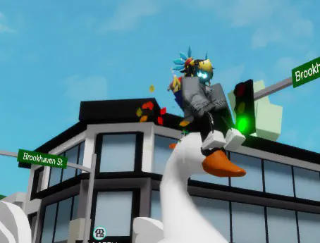 BrookhavenRP Update: A player riding a swan vehicle at an intersection in Brookhaven.