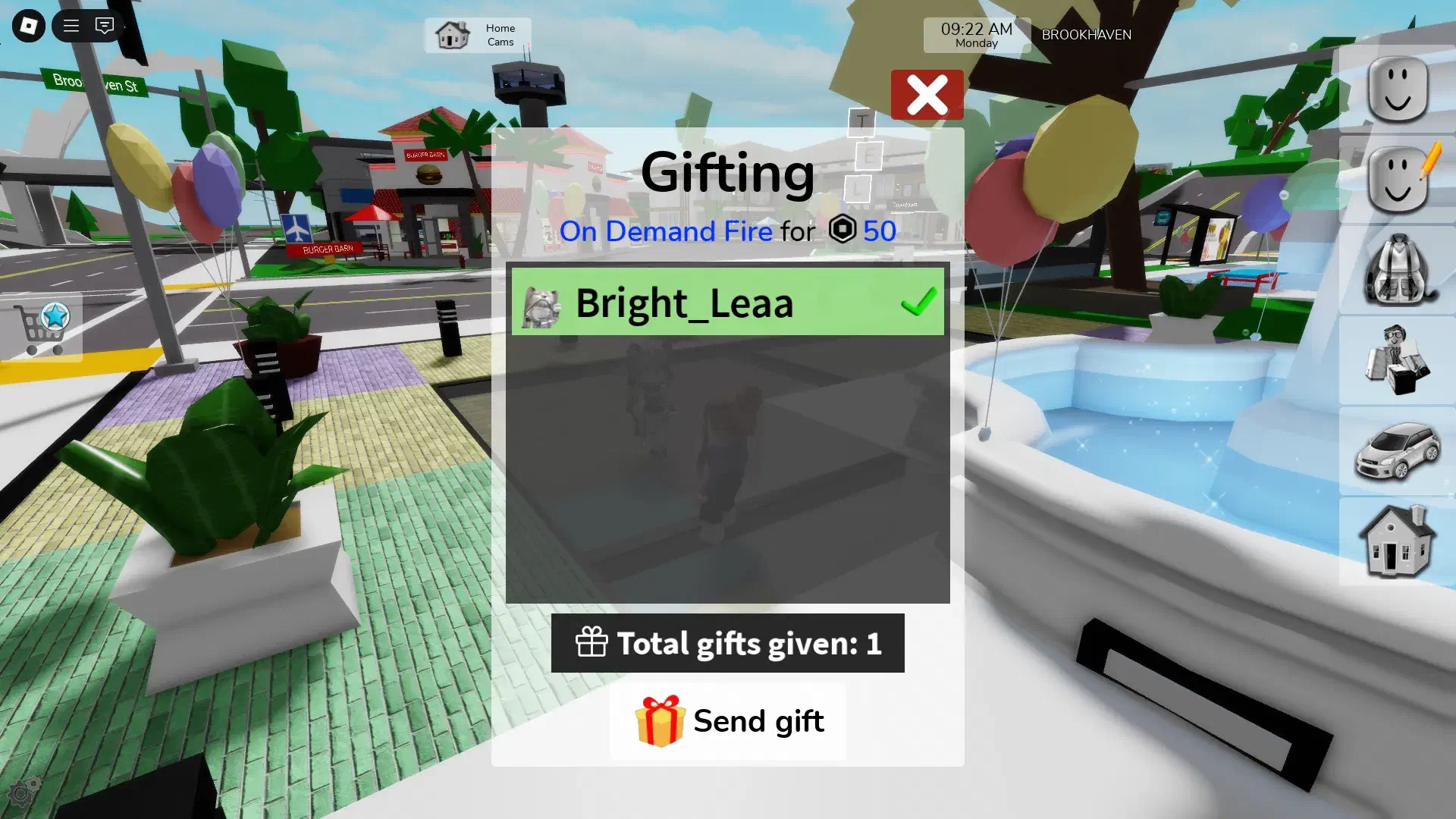 Brookhaven gifting screen showing player selection for gamepass.