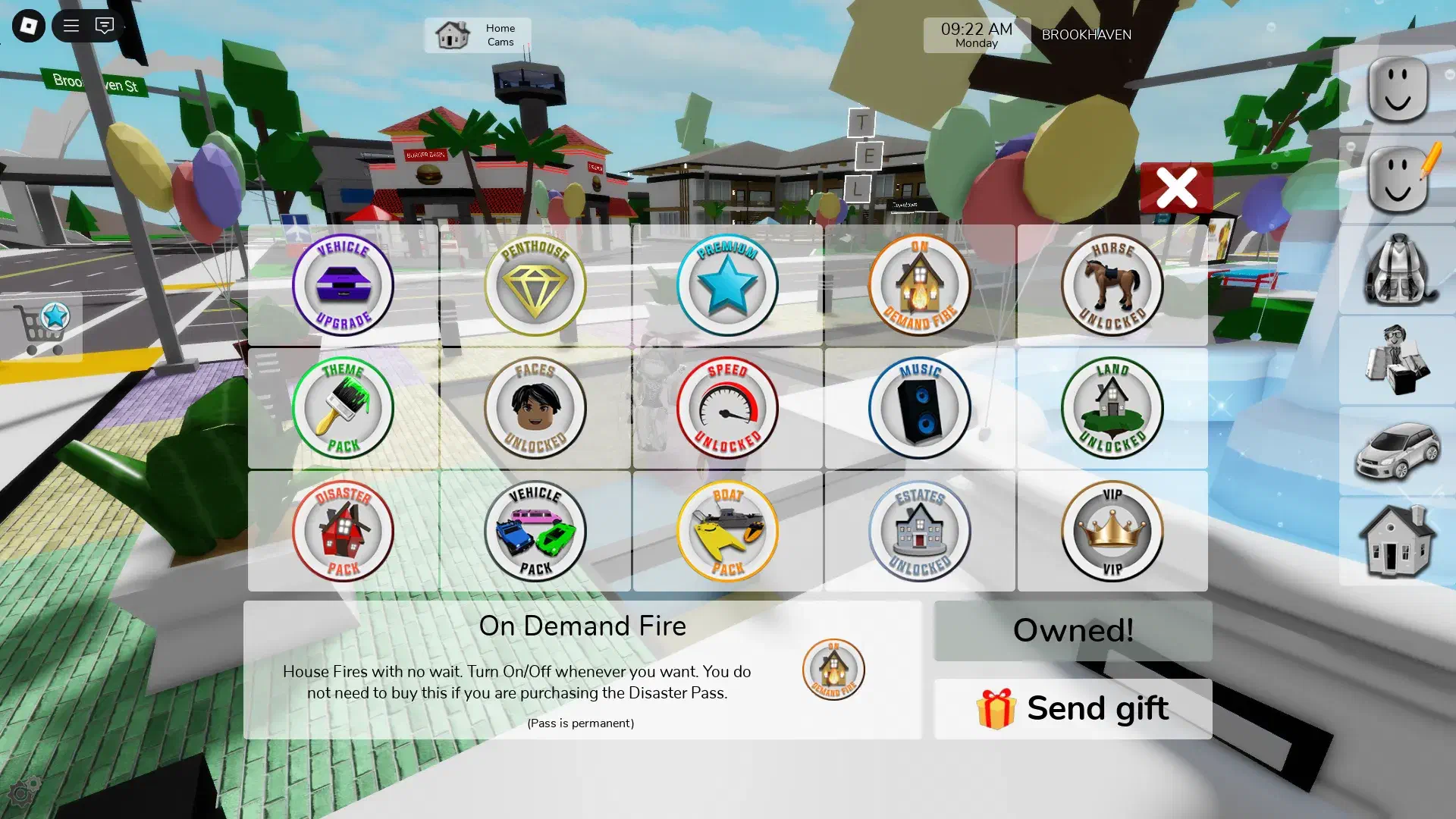 Shop interface with gift button shown next to On Demand Fire gamepass.