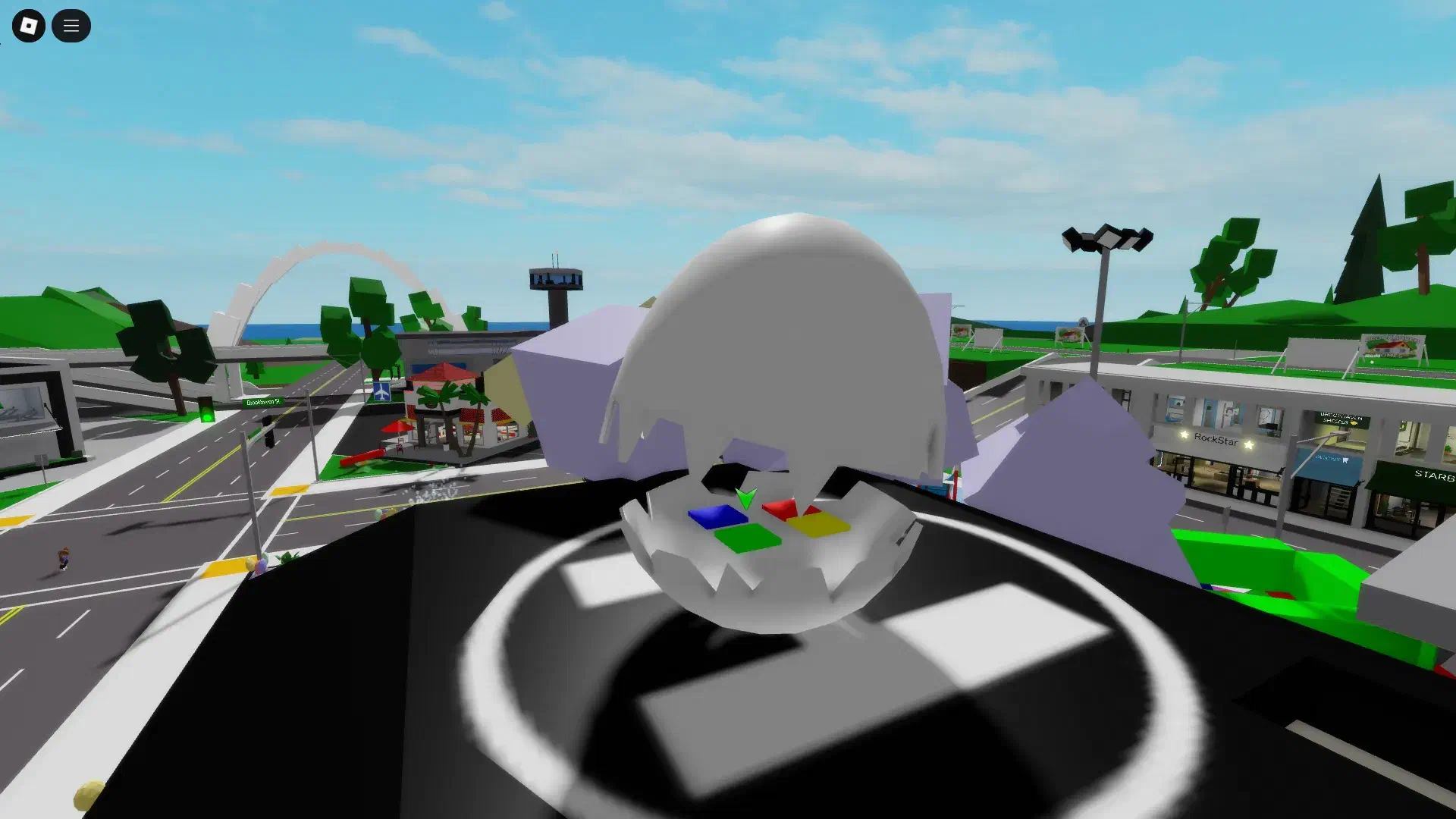 Easter-themed helicopter on rooftop with decorated eggs