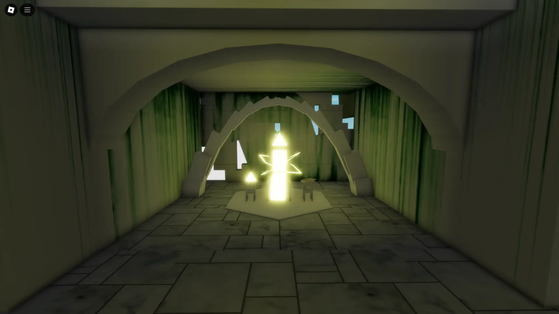 Glowing Chair Under Arch next to Energy Pyramid