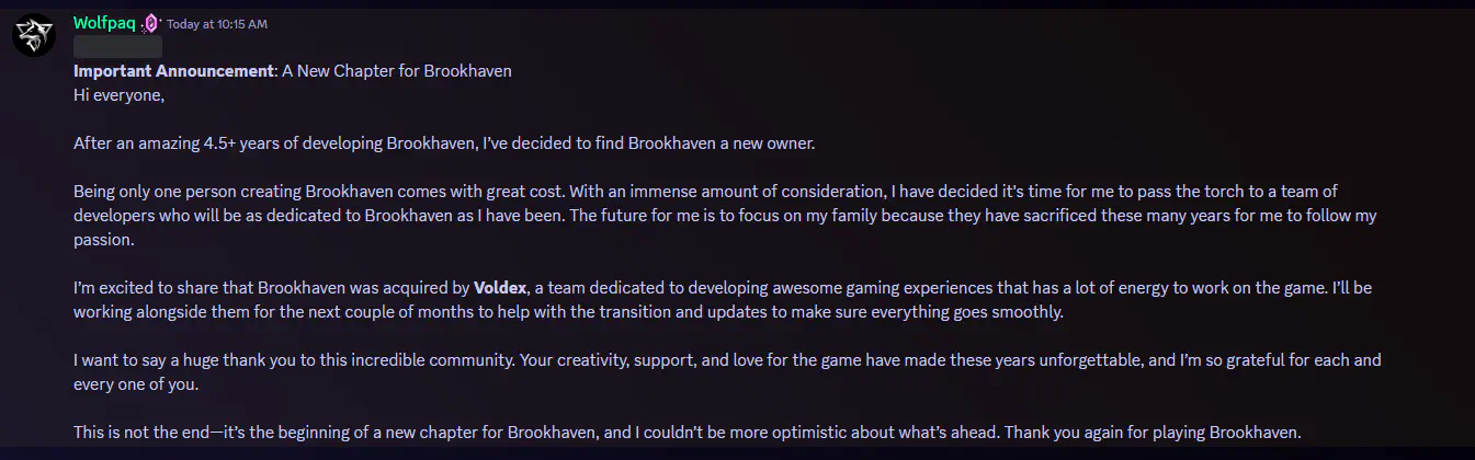 Screenshot of Wolfpaq's farewell announcement on Discord