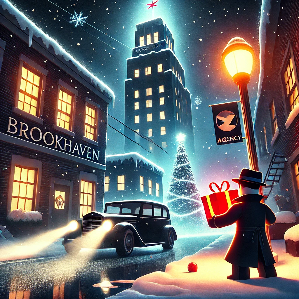 Greed's Scheme Song Cover Art: Brookhaven covered in snow during holidays